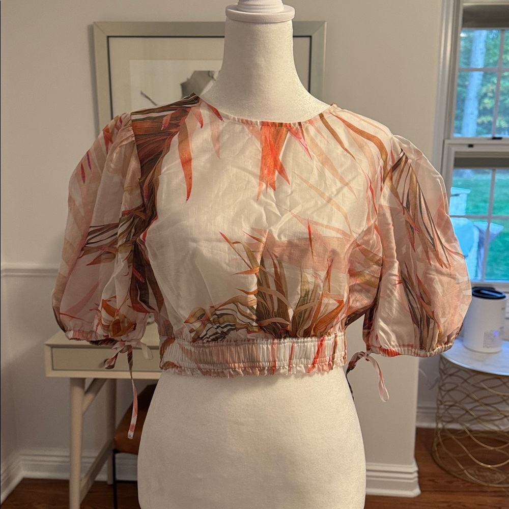 All Saints Floral Puff Sleeve Sheer Crop Top